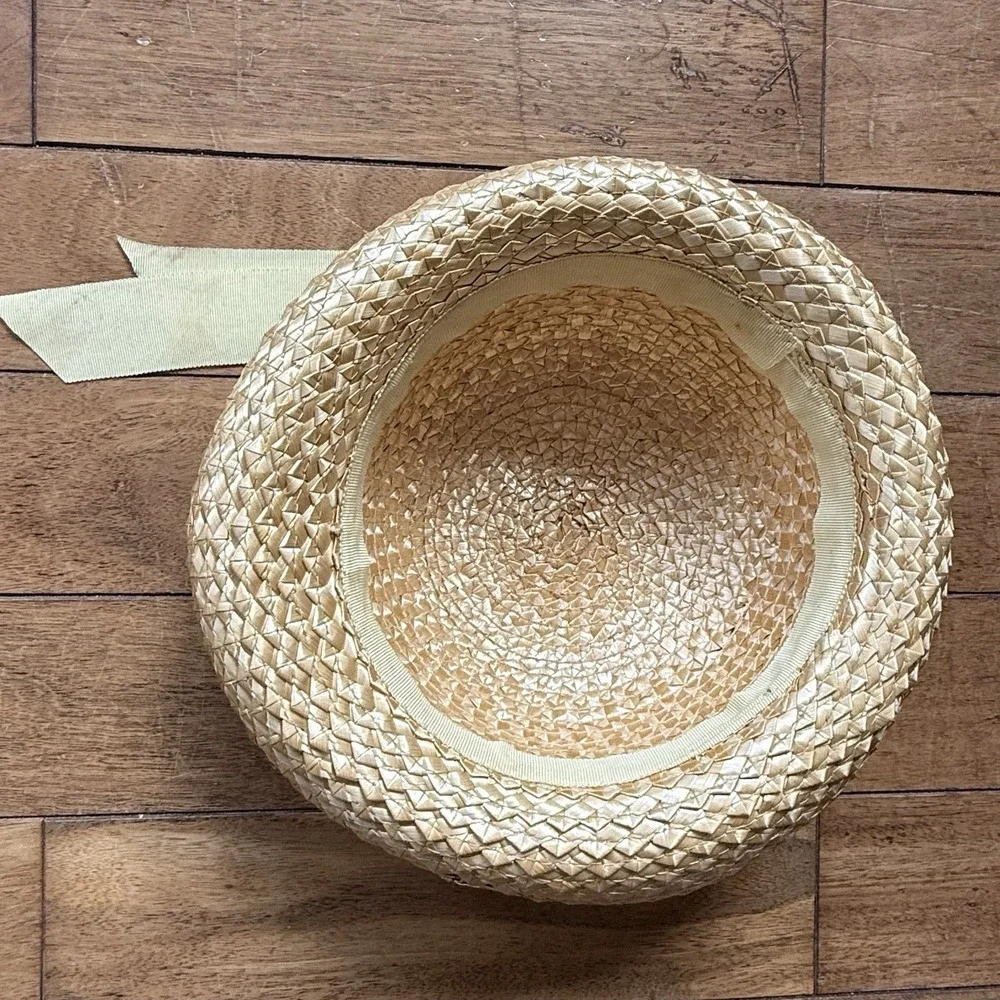 VTG 60s MCM Child Straw Hat Yellow Ribbon Floral Flower Girl
